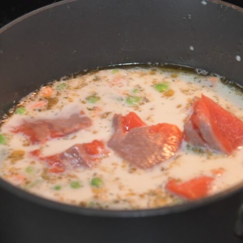 Pot of salmon soup